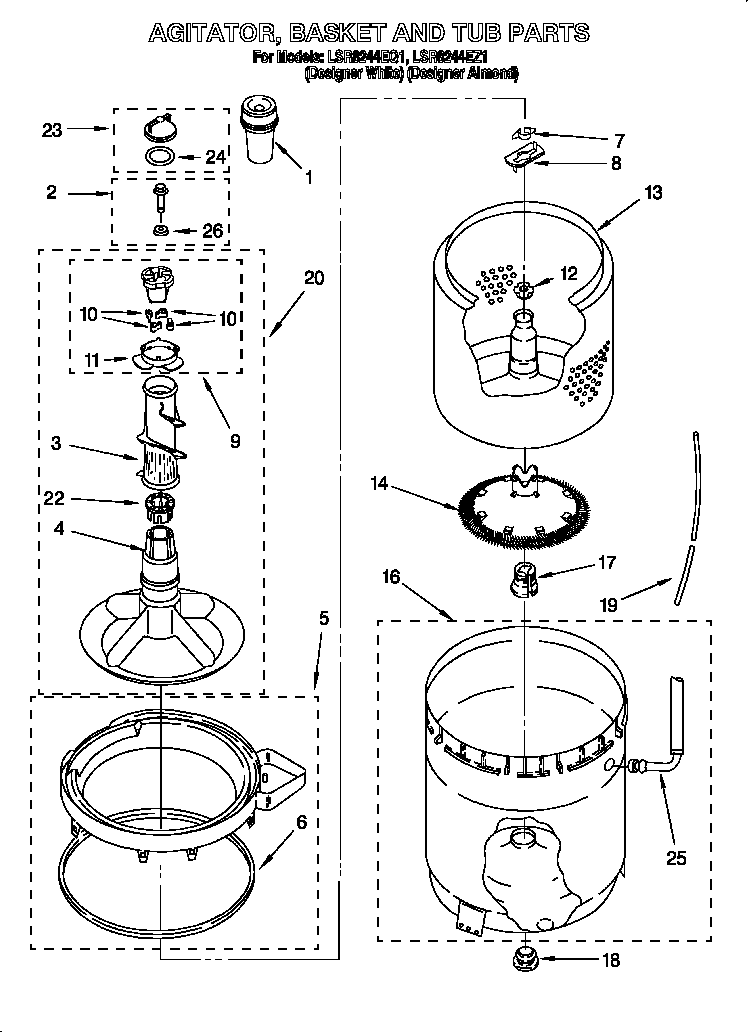 Whirlpool LSR8244EQ1 agitator, basket & tub diagram