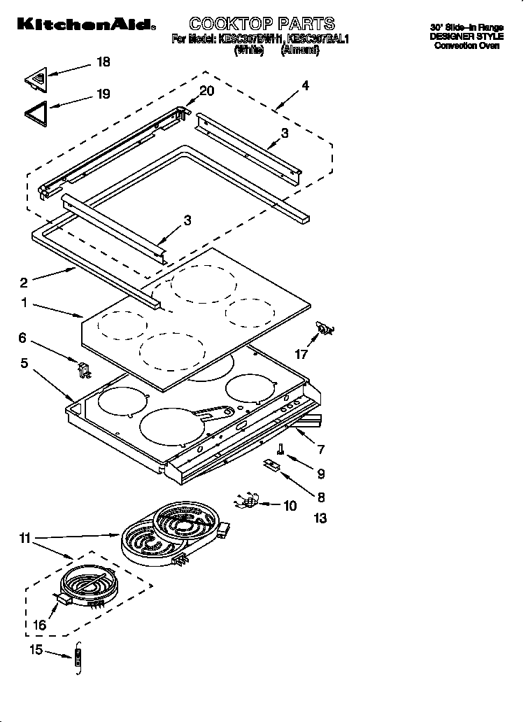 KitchenAid KESC307BWH1 cooktop diagram
