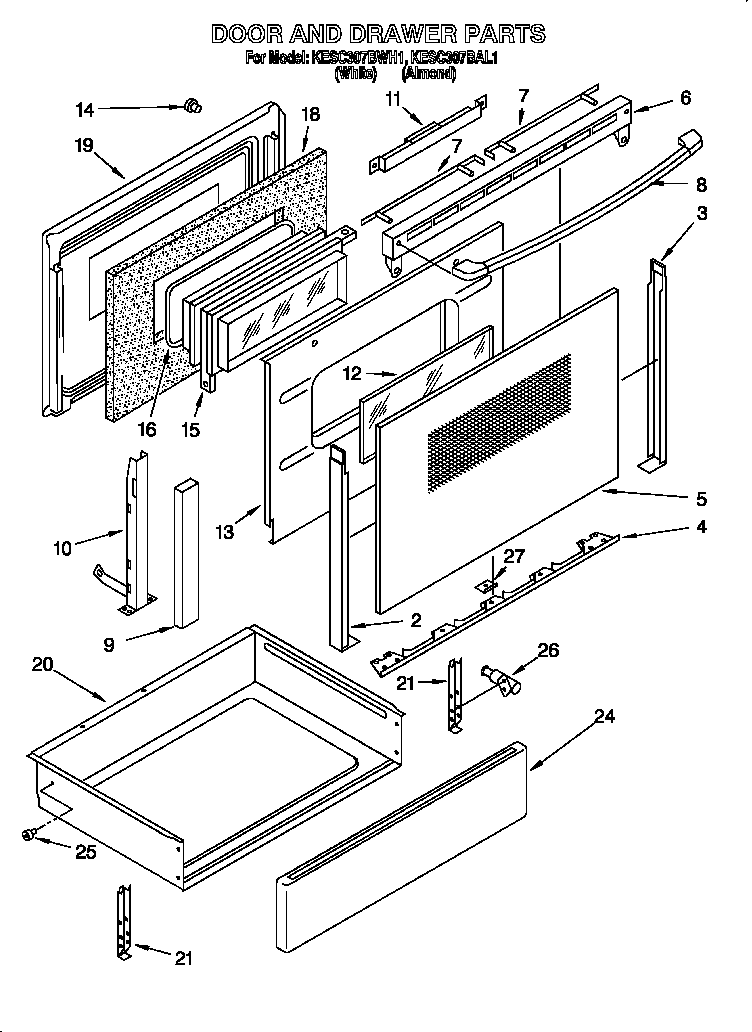 KitchenAid KESC307BWH1 door & drawer diagram