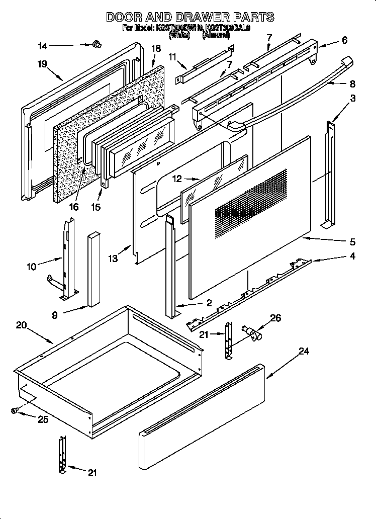 KitchenAid KGST300BWH0 door & drawer diagram