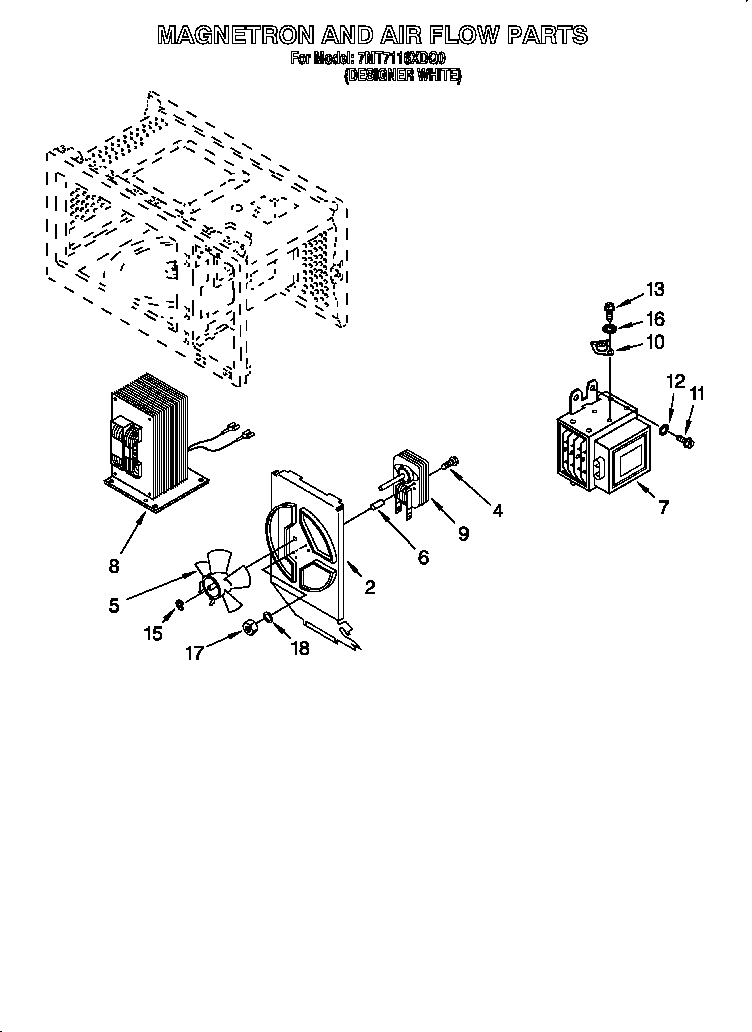Whirlpool 7MT7116XDQ0 magnetron and air flow diagram