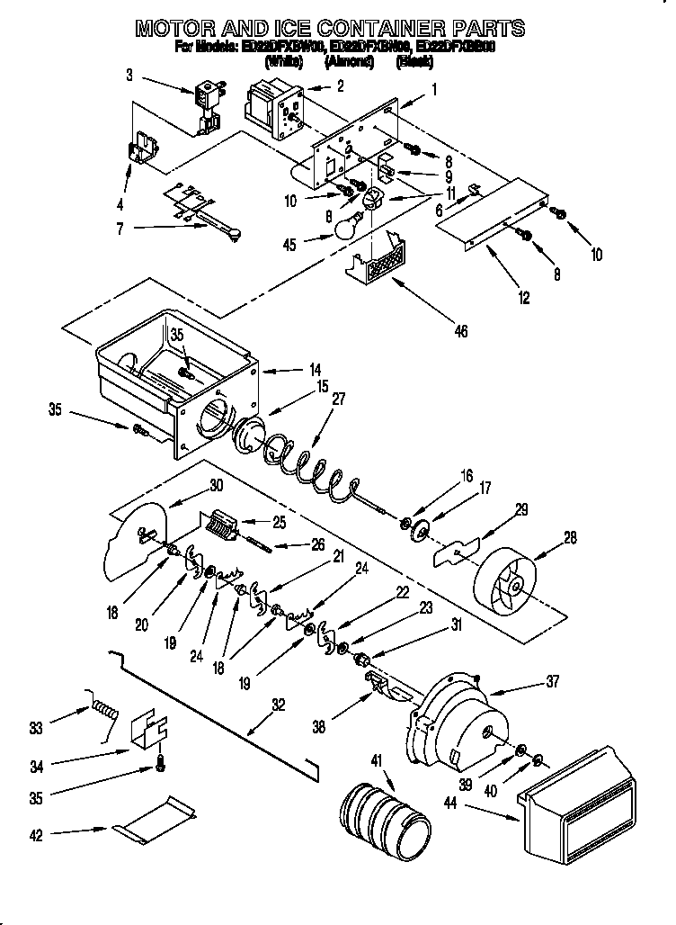 Whirlpool ED22DFXBB00 motor and ice container diagram
