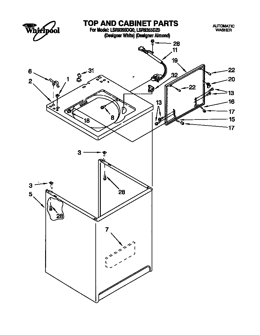 Whirlpool LSR9355DQ0 top and cabinet diagram