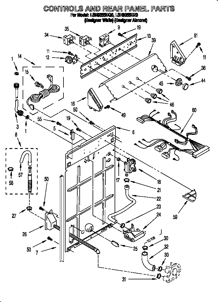 Whirlpool LSR9355DQ0 controls and rear panel diagram