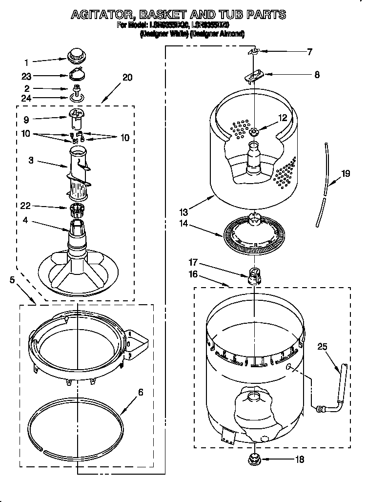 Whirlpool LSR9355DQ0 agitator, basket and tub diagram