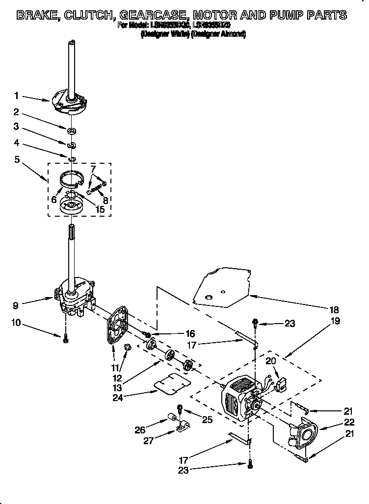 Whirlpool LSR9355DQ0 brake, clutch, gearcase, motor and pump diagram