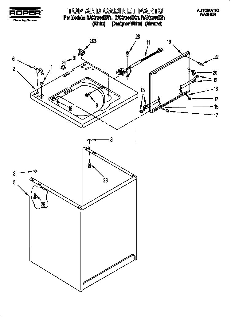 Roper RAX7244EW1 top & cabinet diagram