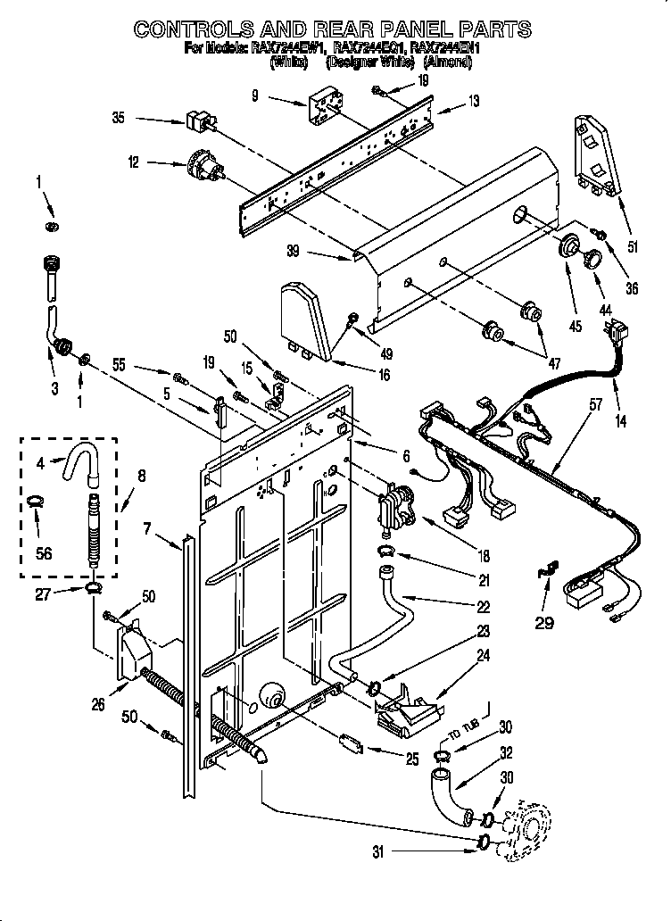 Roper RAX7244EW1 controls & rear panel diagram