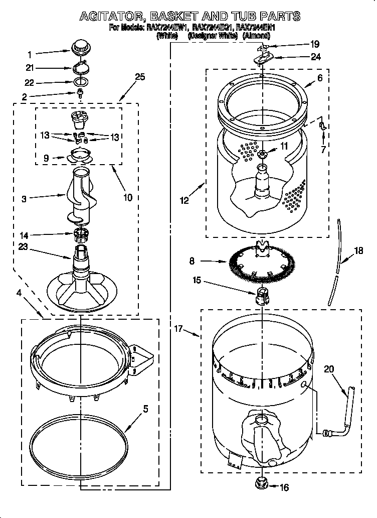 Roper RAX7244EW1 agitator, basket & tub diagram