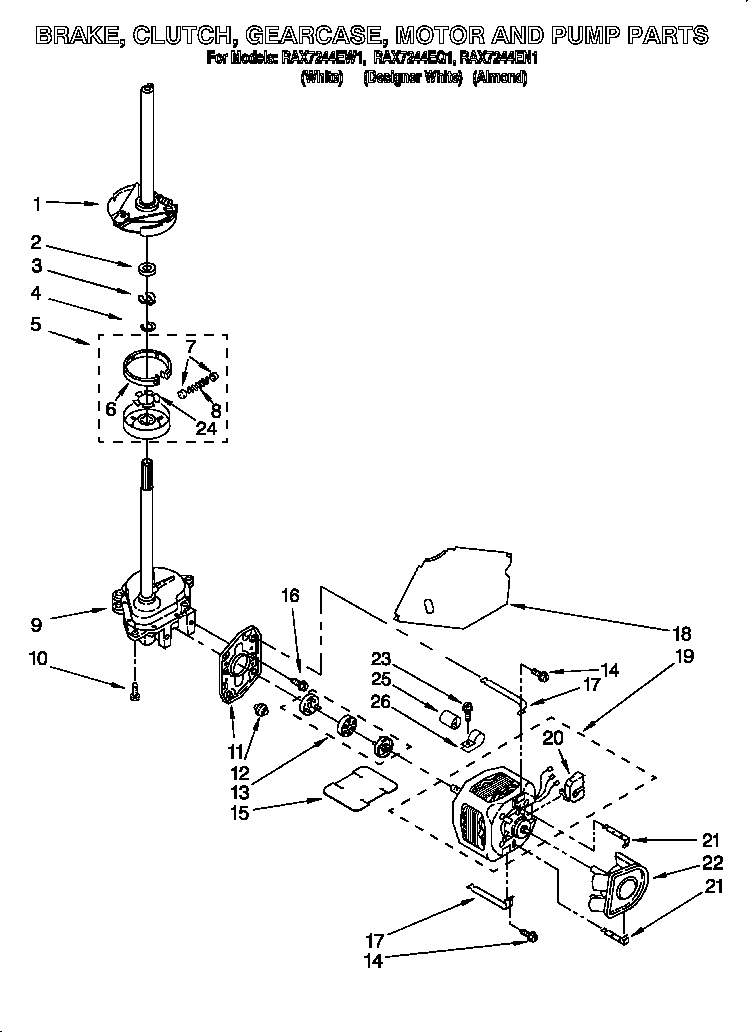 Roper RAX7244EW1 brake, clutch, gearcase, motor & pump diagram