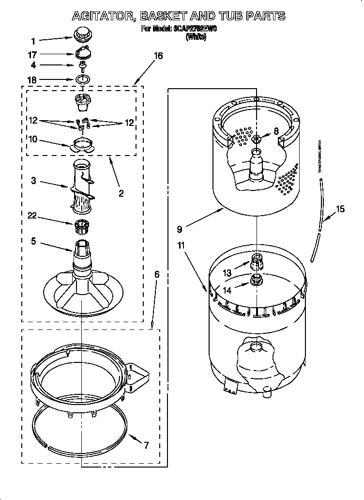 Whirlpool 6CAP2762EW0 agitator, basket & tub diagram
