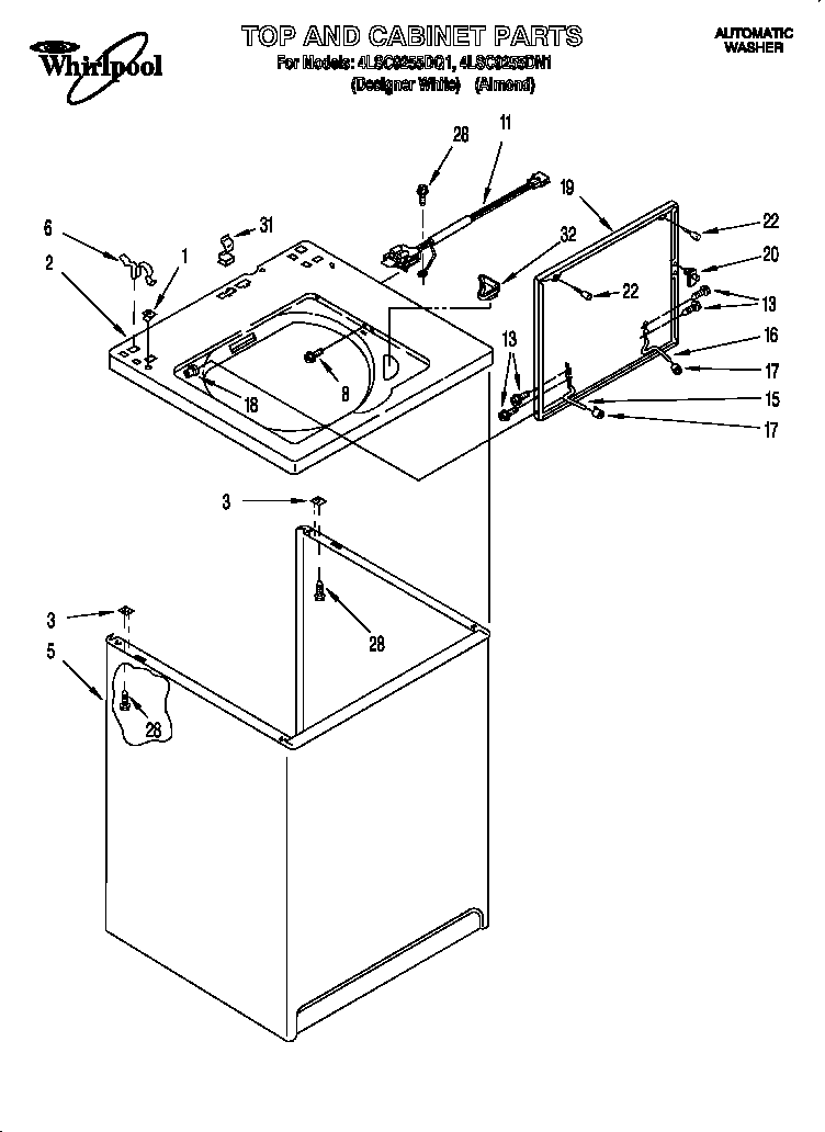 Whirlpool 4LSC9255DN1 top & cabinet diagram