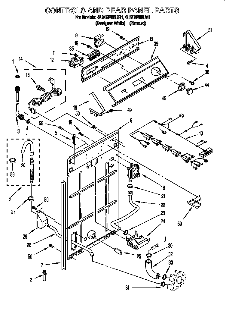 Whirlpool 4LSC9255DN1 controls and rear panel diagram