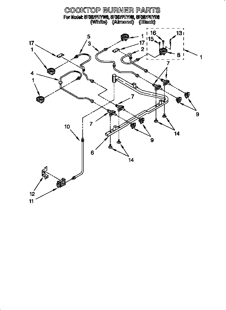 Whirlpool SF387PEYB6 cooktop burner diagram