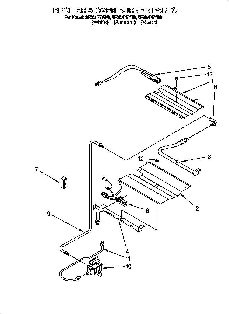 Whirlpool SF387PEYB6 broiler & oven burner diagram