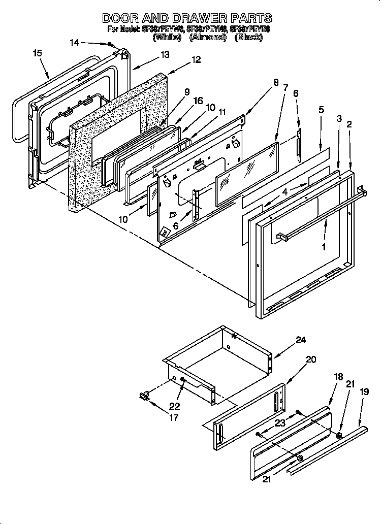 Whirlpool SF387PEYB6 door & drawer diagram