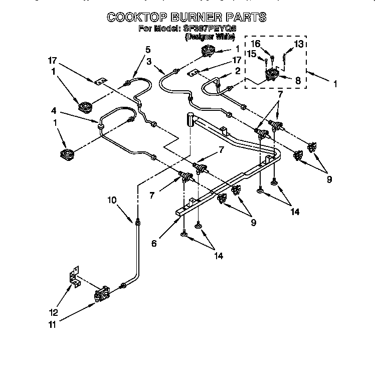 Whirlpool SF387PEYQ8 cooktop burner diagram