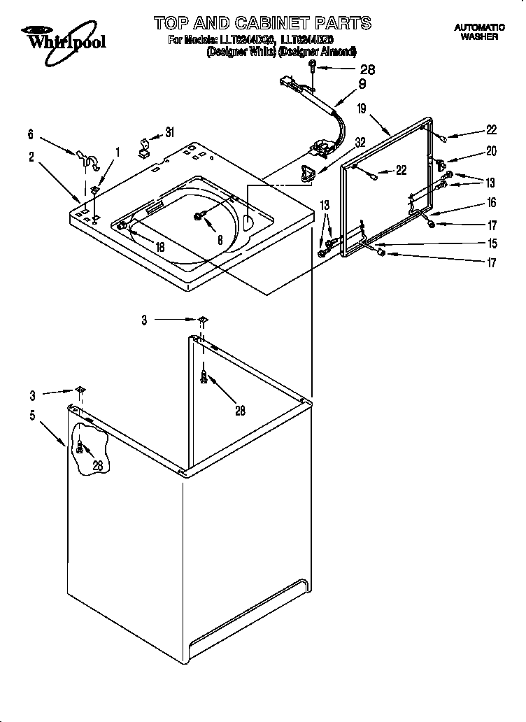 Whirlpool LLT8244DQ0 top and cabinet diagram