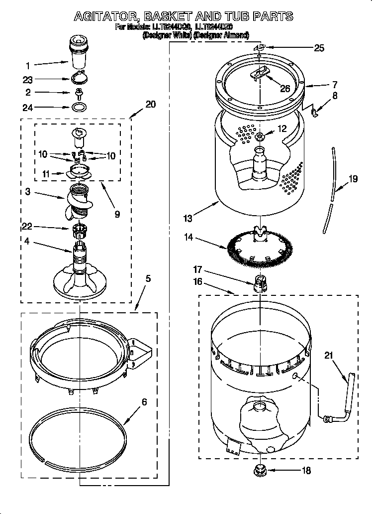 Whirlpool LLT8244DQ0 agitator, basket and tub diagram