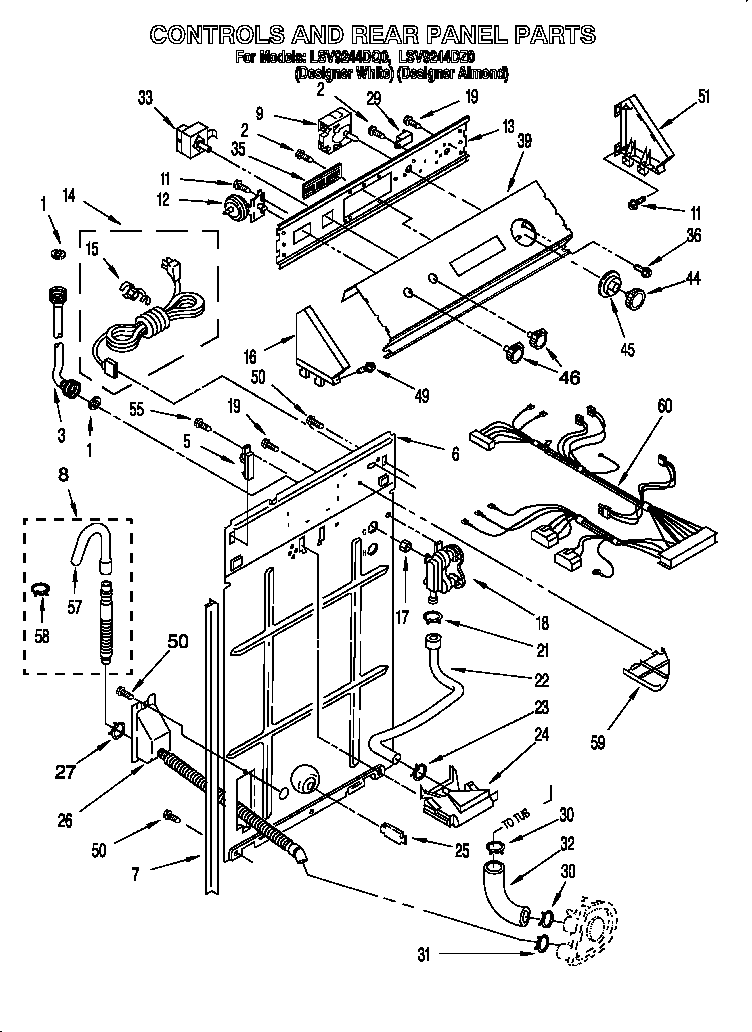 Whirlpool LSV9244DQ0 controls and rear panel diagram