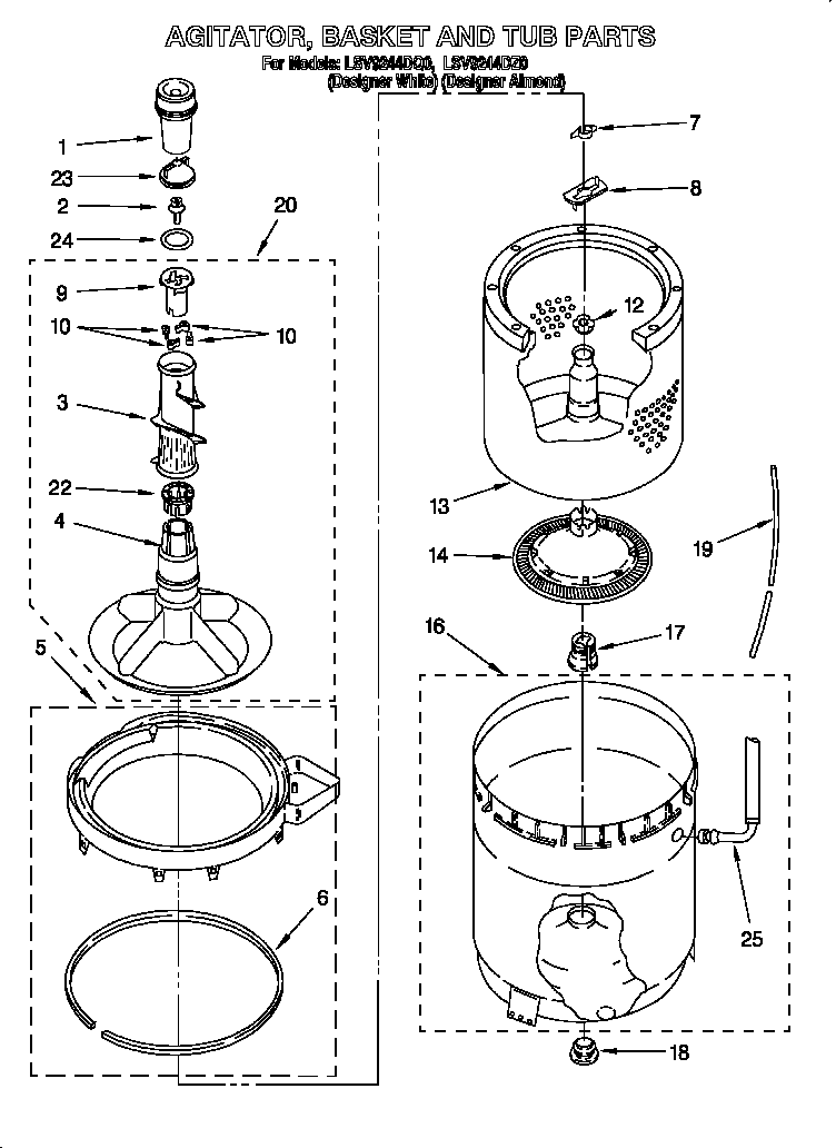 Whirlpool LSV9244DQ0 agitator, basket and tub diagram