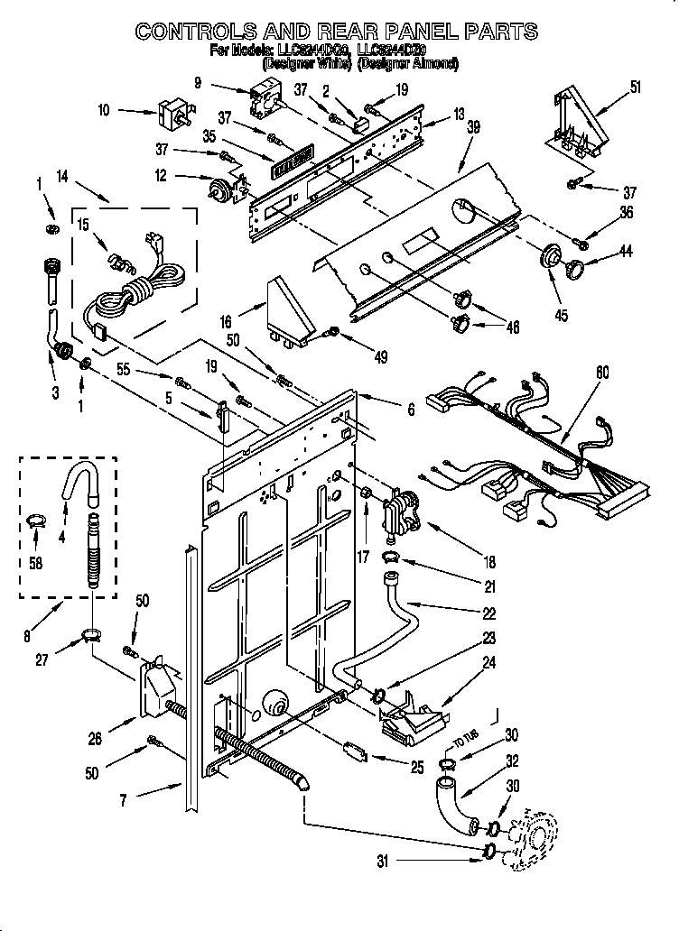 Whirlpool LLC8244DQ0 controls and rear panel diagram