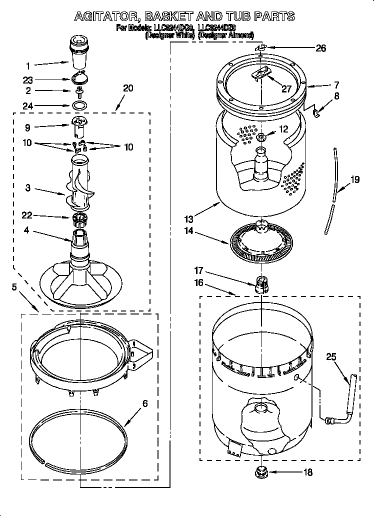 Whirlpool LLC8244DQ0 agitator, basket and tub diagram
