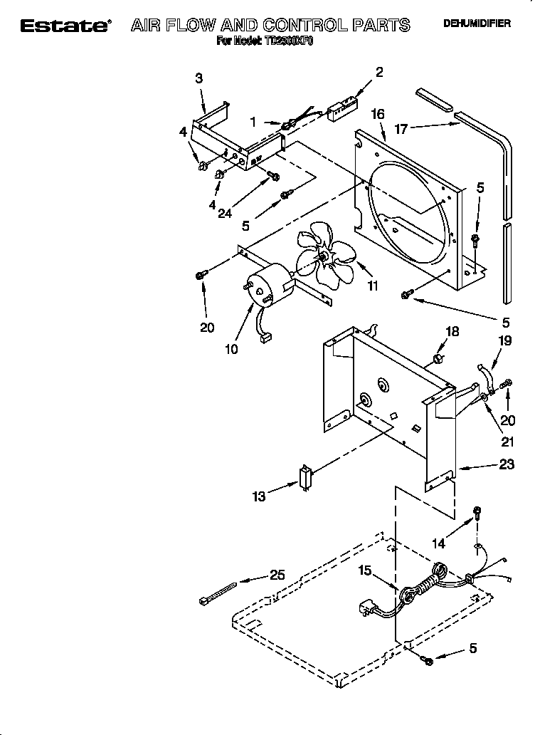 Whirlpool TD2500XF0 air flow and control parts diagram
