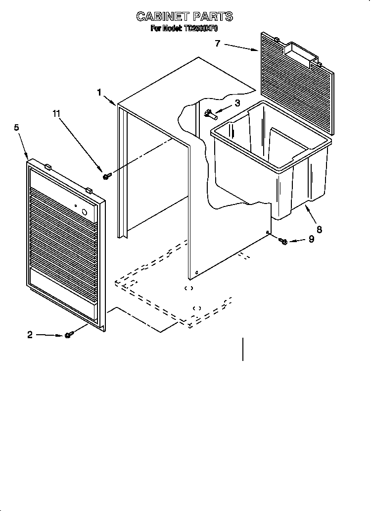 Whirlpool TD2500XF0 cabinet parts diagram