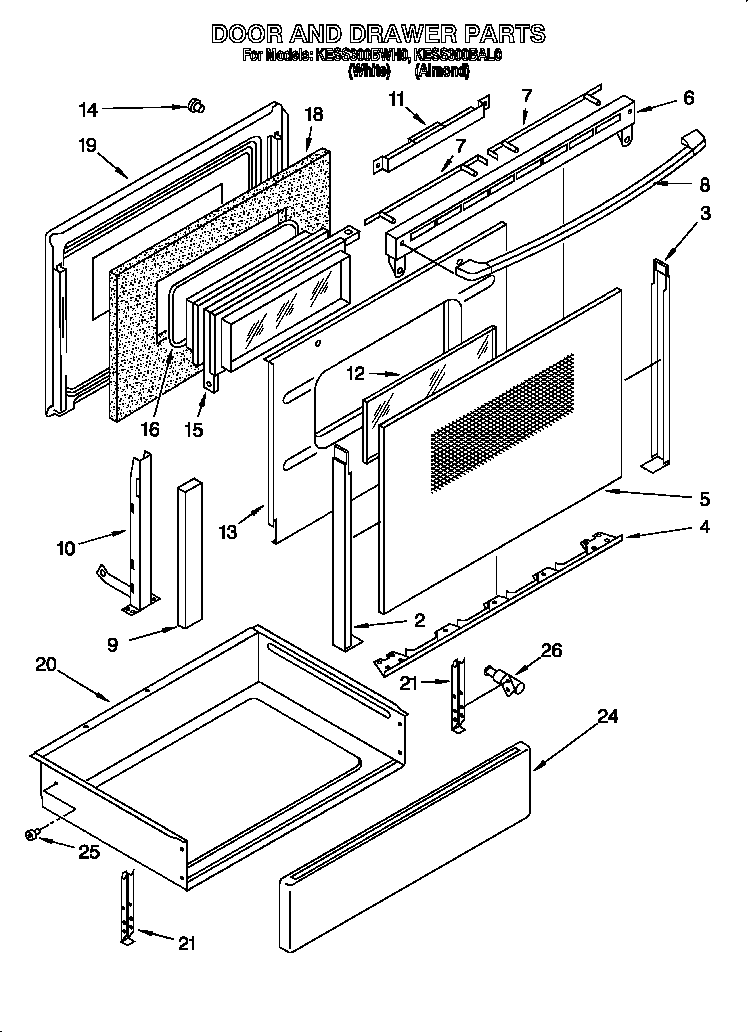KitchenAid KESS300BWH0 door and drawer diagram
