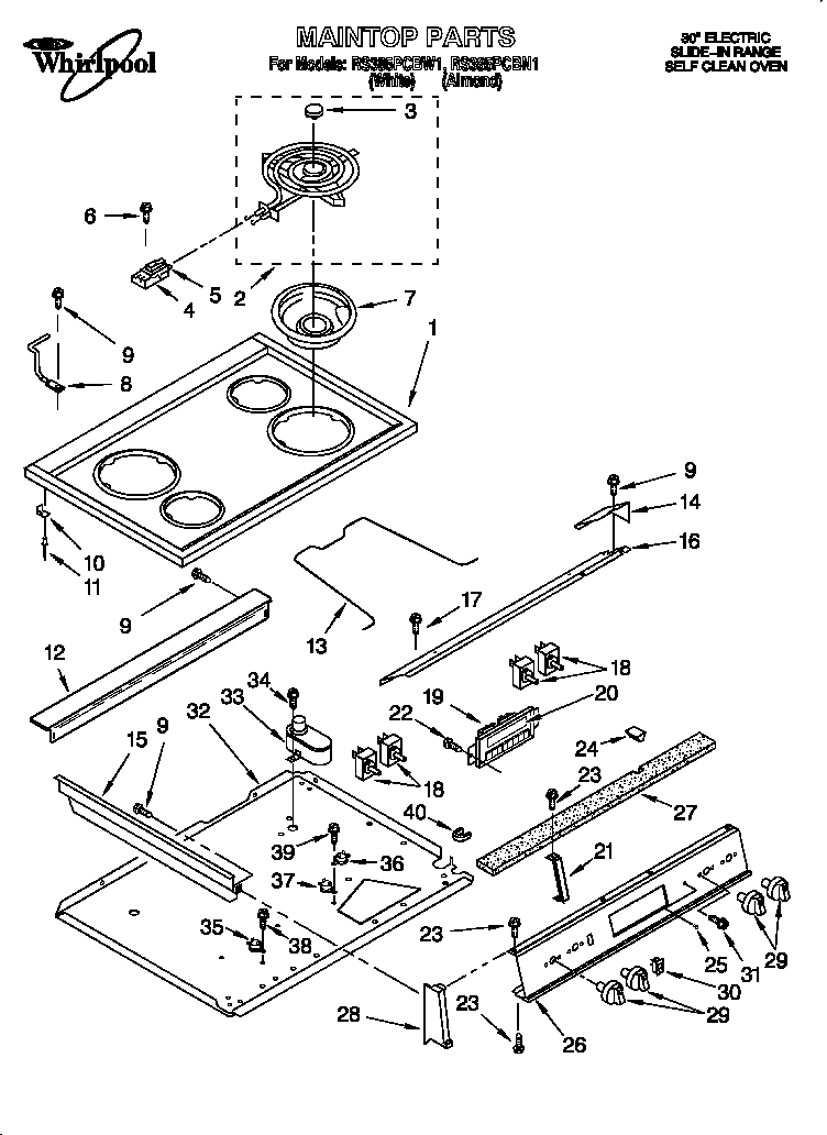 Whirlpool RS385PCBW1 maintop diagram