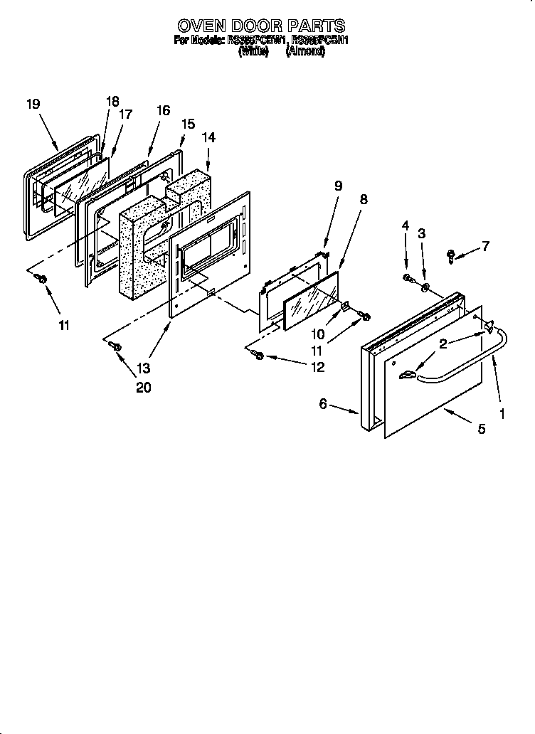 Whirlpool RS385PCBW1 oven door diagram
