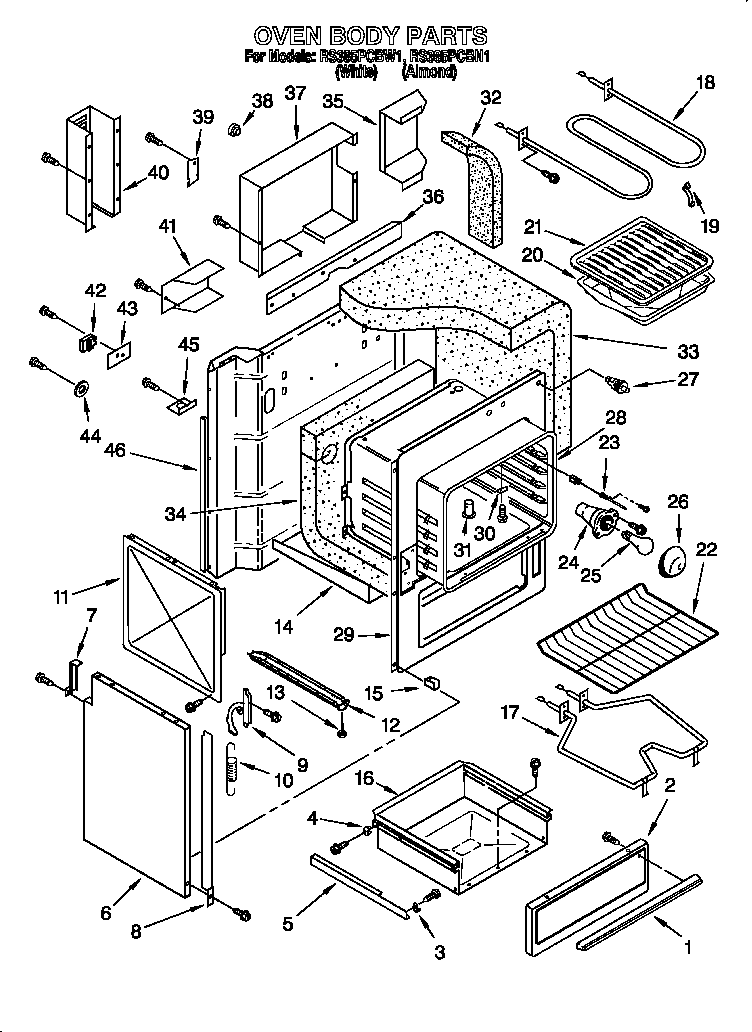 Whirlpool RS385PCBW1 oven body diagram