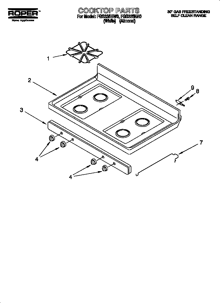 Roper FGS335EW0 cooktop parts diagram