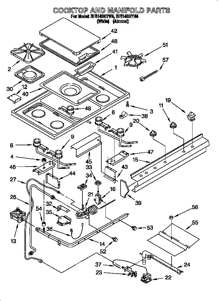 Whirlpool SF5140EYN4 cooktop and burner diagram