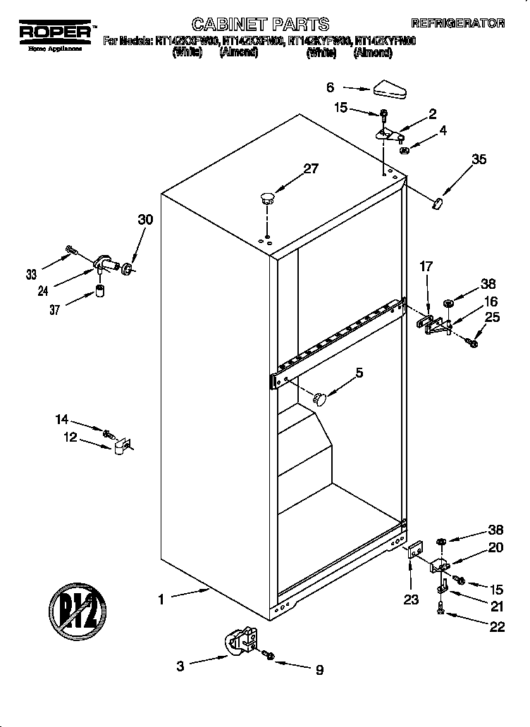 Roper RT14ZKYFN00 outer cabinet diagram