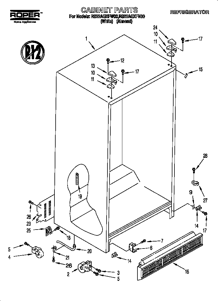 Roper RS22AQXFW00 outter cabinet diagram