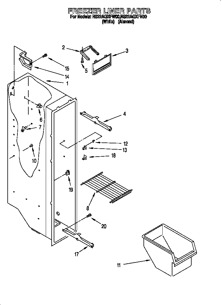 Roper RS22AQXFW00 freezer shelves diagram