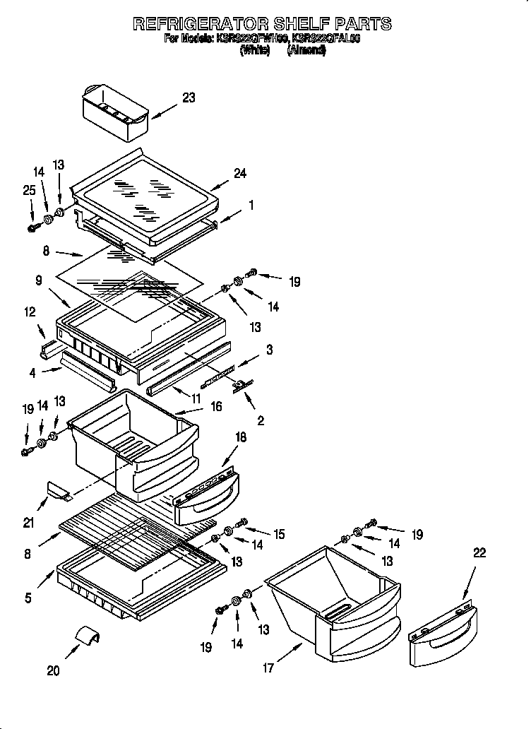 KitchenAid KSRS22QFAL00 refrigerator shelves diagram