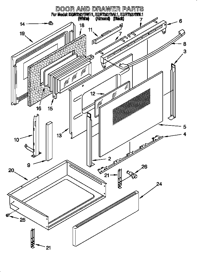 KitchenAid KGRT507BWH1 door and drawer diagram