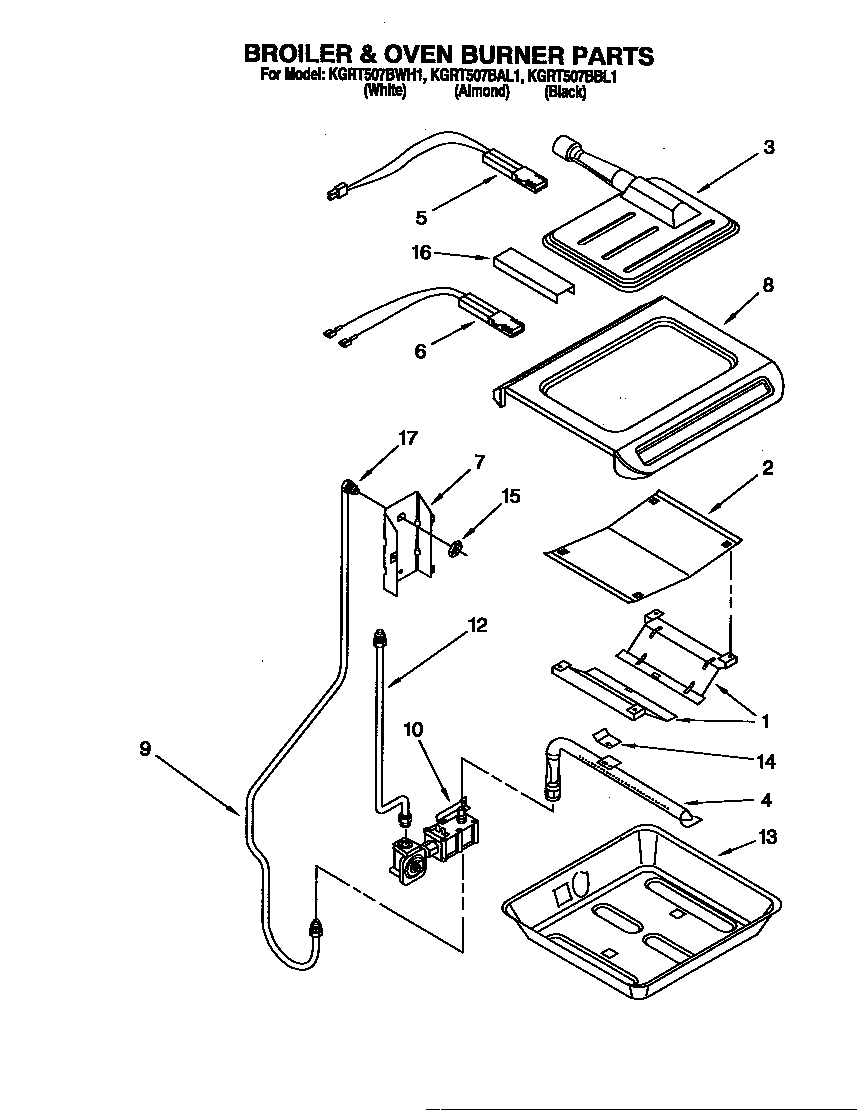 KitchenAid KGRT507BWH1 broiler and oven burner diagram