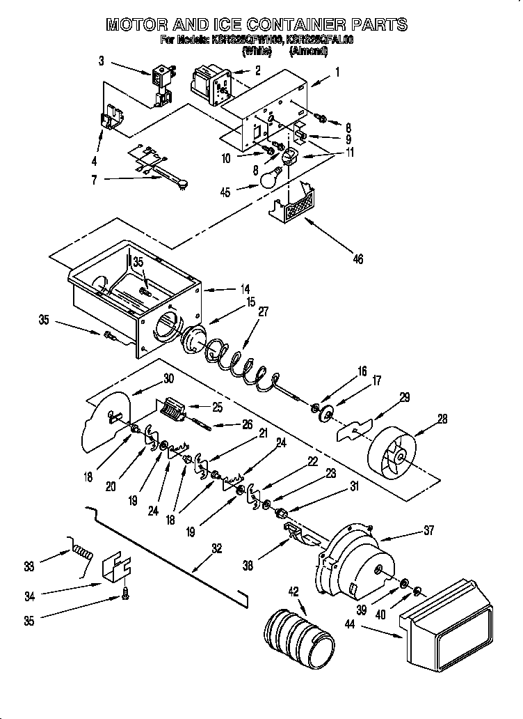 KitchenAid KSRS25QFWH00 motor and ice container diagram