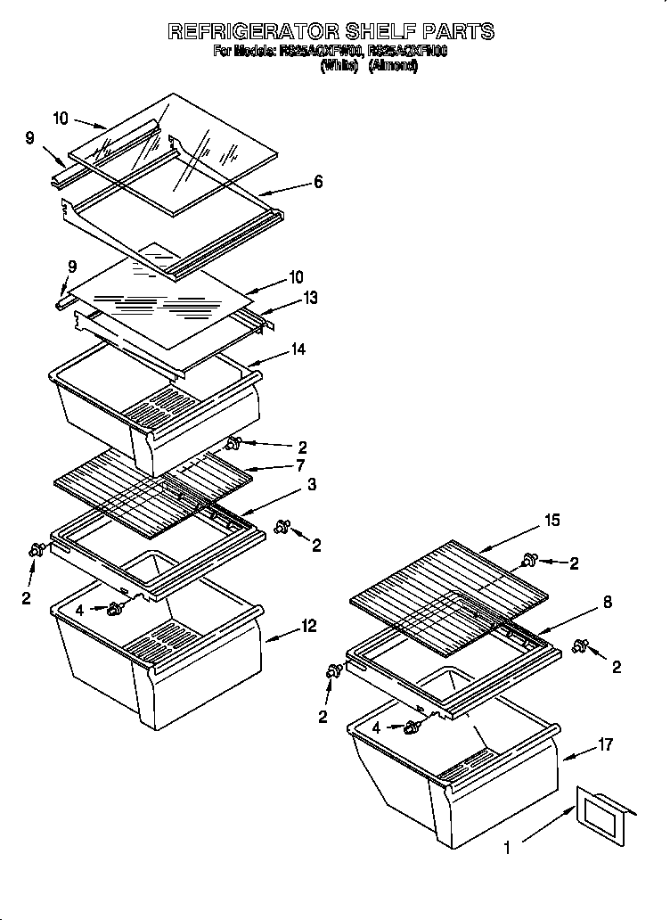 Roper RS25AQXFW00 shelves diagram