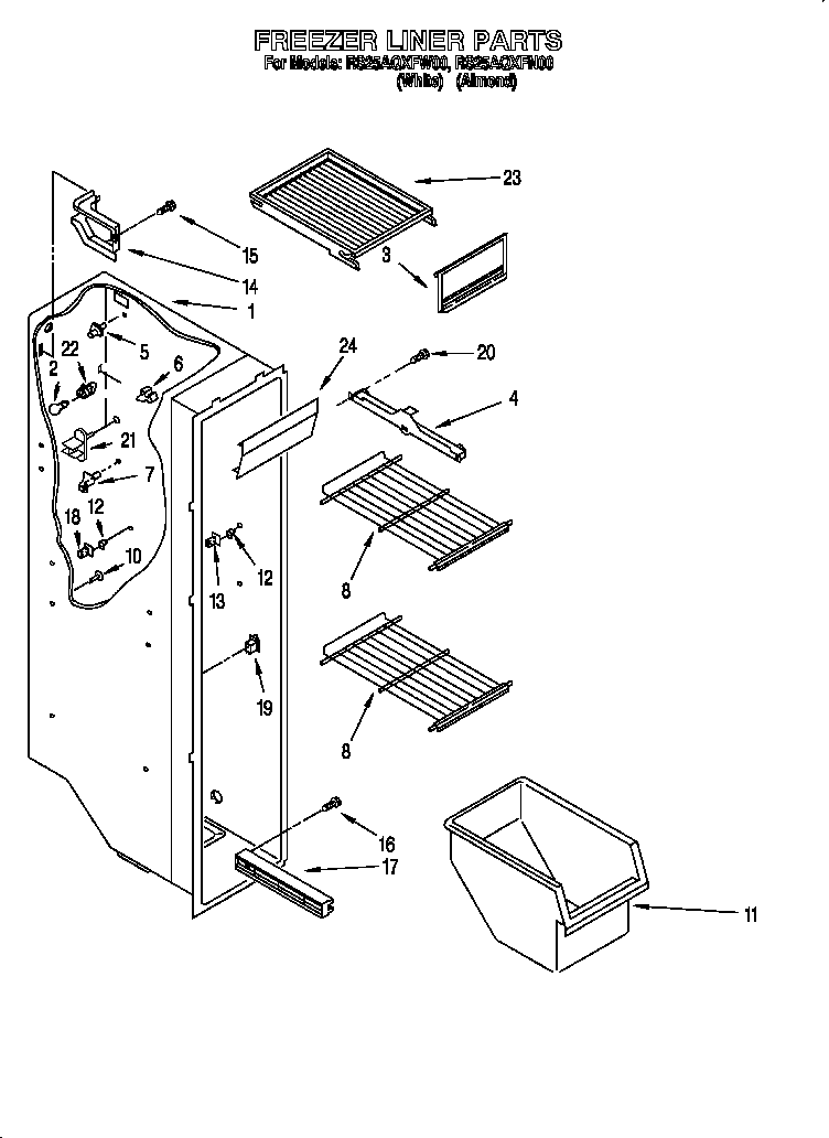 Roper RS25AQXFW00 freezer shelves diagram