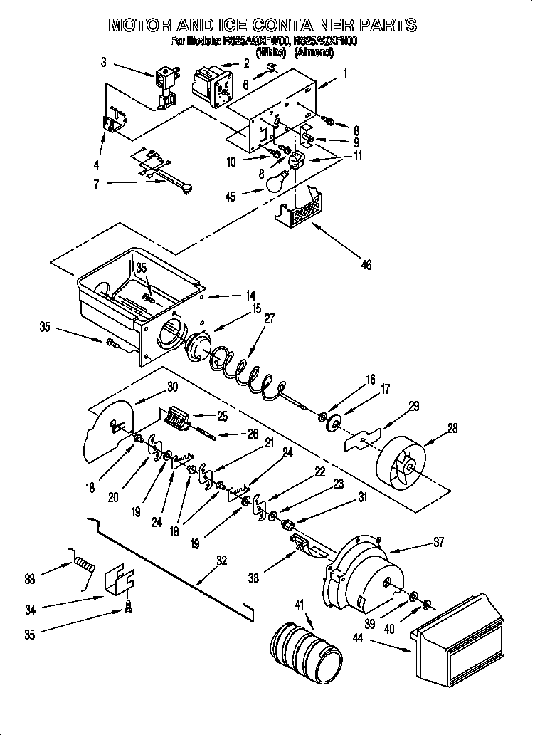 Roper RS25AQXFW00 motor and ice container diagram