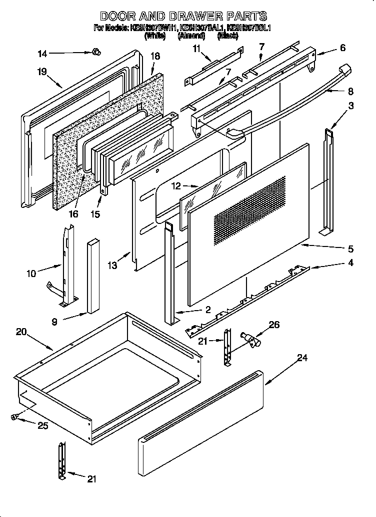 KitchenAid KESH307BBL1 door and drawer diagram