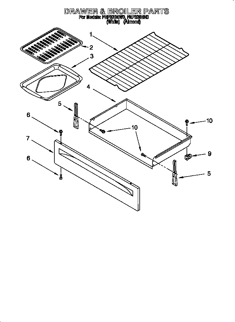 Roper FEP320EW0 drawer and broiler diagram