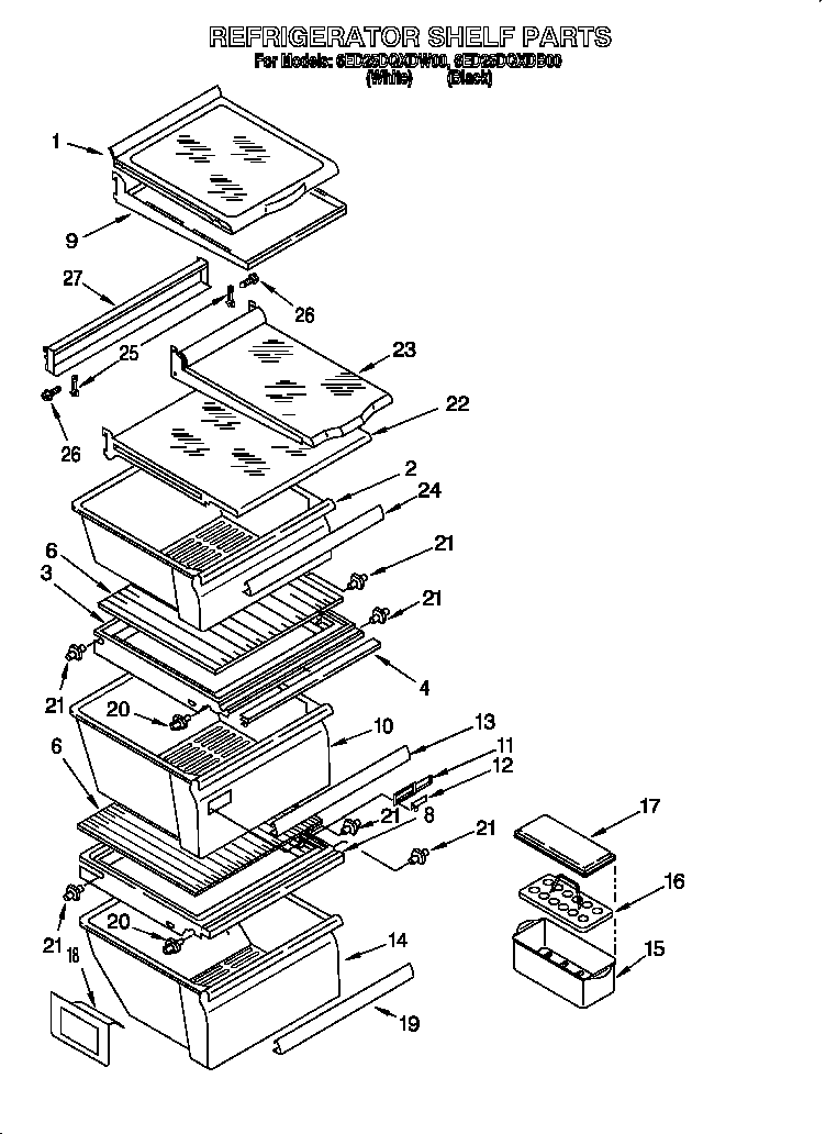 Whirlpool 6ED25DQXDB00 refrigerator shelves diagram