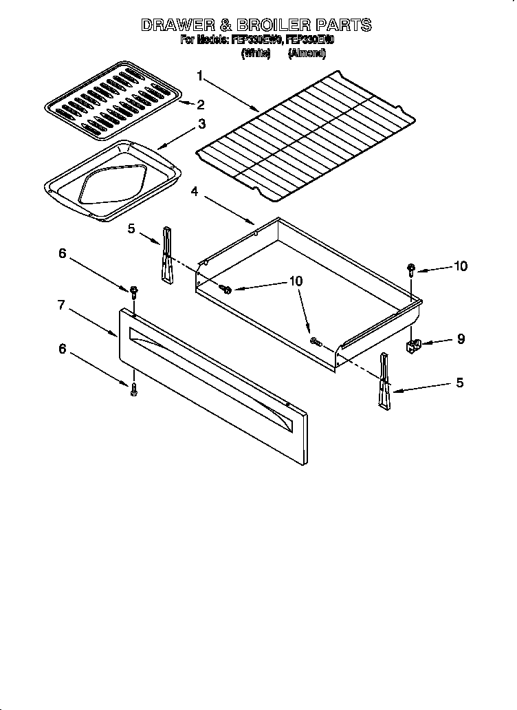 Roper FEP330EW0 drawer and broiler diagram