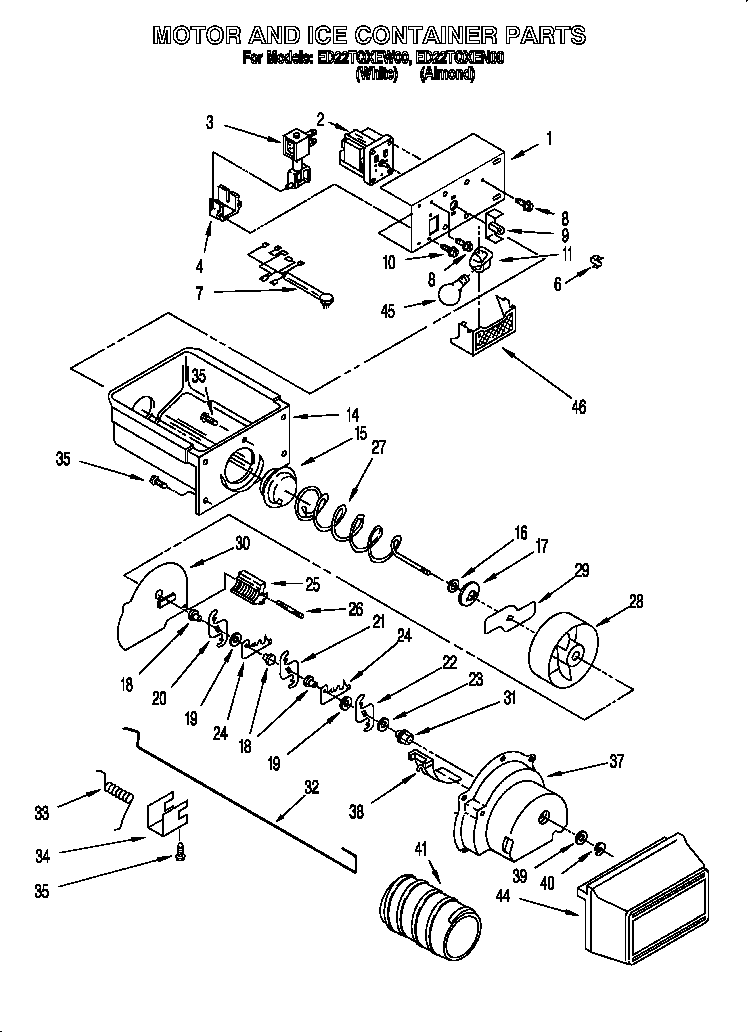 Whirlpool ED22TQXEN00 motor and ice container diagram